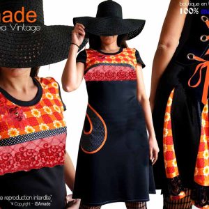 Robe créateur originale Vintage Fleurie noire rouge Orange