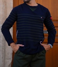 Pull col rond homme LUCIEN marine kaki – laine cachemire – Fabriqué en Italie