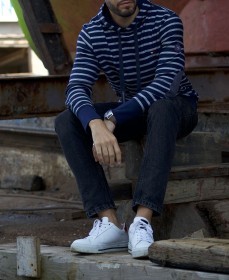 Sweat à capuche ELIAS Bis Écru/Pétrole et Marine/Ecru – Marinière homme -La Marinière Française