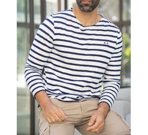 Marinière homme HENRY – Rayée marine/écru ou blanc-marine, 100% coton, coupe droite, col bateau