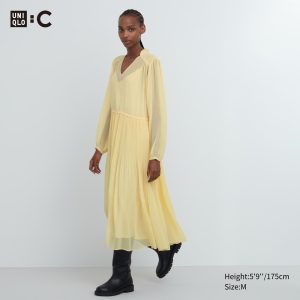 Robe Uniqlo Chiffon Plissé Long Sleeved Femme Jaune U4310258