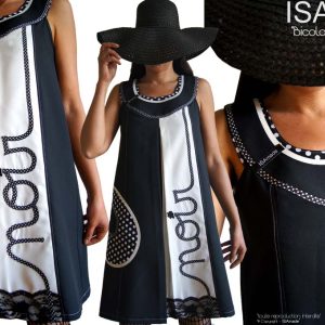 Robe Trapèze Originale créateur bicolore Noir écru pois couture