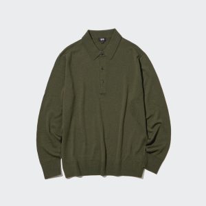 Polo Uniqlo 100pct Extra Fine Merino Tricoté Long Sleeved Homme Vert Olive V6318405