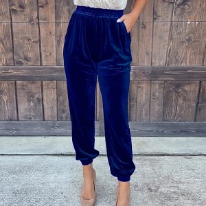 Pantalon Velour Bleu Marine Femme