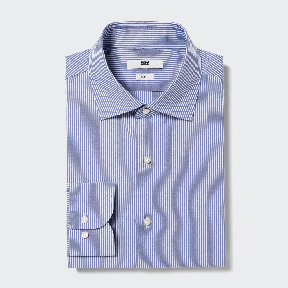 Chemises Uniqlo Easy Care Stretch Coupe Ajustée Rayé Semi Cutaway Collar Homme Bleu I6942035
