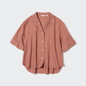 Chemisier Uniqlo Linen Blend Open Collar Corta Sleeved Femme Marron J7318926