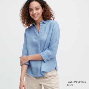 Chemisier Uniqlo 100pct Premium Linen Skipper Collar 34 Sleeved Femme Bleu T6241870
