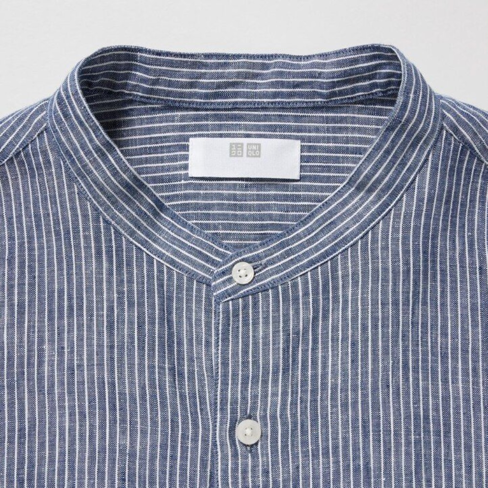 Chemises Uniqlo 100pct Premium Linen Rayé Regular FiT-Shirt Grandad Collar Homme Bleu K3892754 – Image 3
