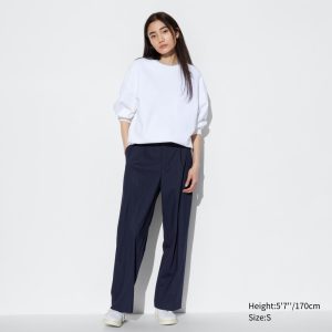 Pantalons Uniqlo Plissé Larges Leg Rayé Femme Bleu Marine D5214768