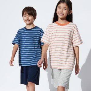 Vêtements d&rsquo;intérieur Uniqlo Airism Coton Blend Rayé Lounge Set Enfant Bleu Marine U5196407