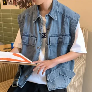 Gilet Sans Manches en Jean à Ceinture