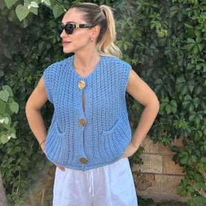 Gilet Tricoté Sans Manches Bleu