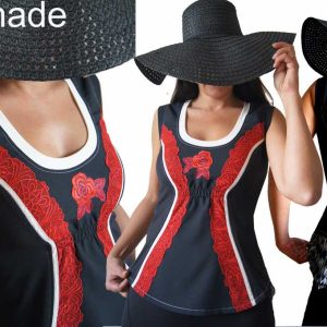 Top Bustier Femme Chic Noir dentelle Rouge Fleurie Brodée