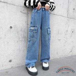 Pantalon Cargo Jean Fille Large Droit