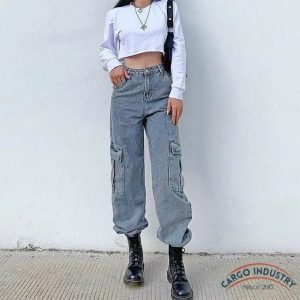 Jean Cargo Large Taille Haute Délavé