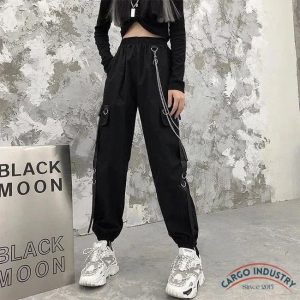 Pantalon Cargo Noir Avec Chaine Taille Haute