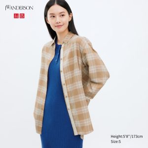 Chemisier Uniqlo Flannel Checked Longline Femme Beige W5140392
