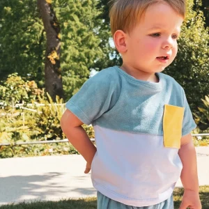T shirt bébé et enfant tricolore bleu, lilas & jaune