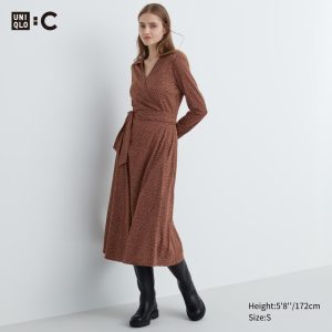 Robe Uniqlo Printed Long Sleeved Wrap Femme Marron G4815376